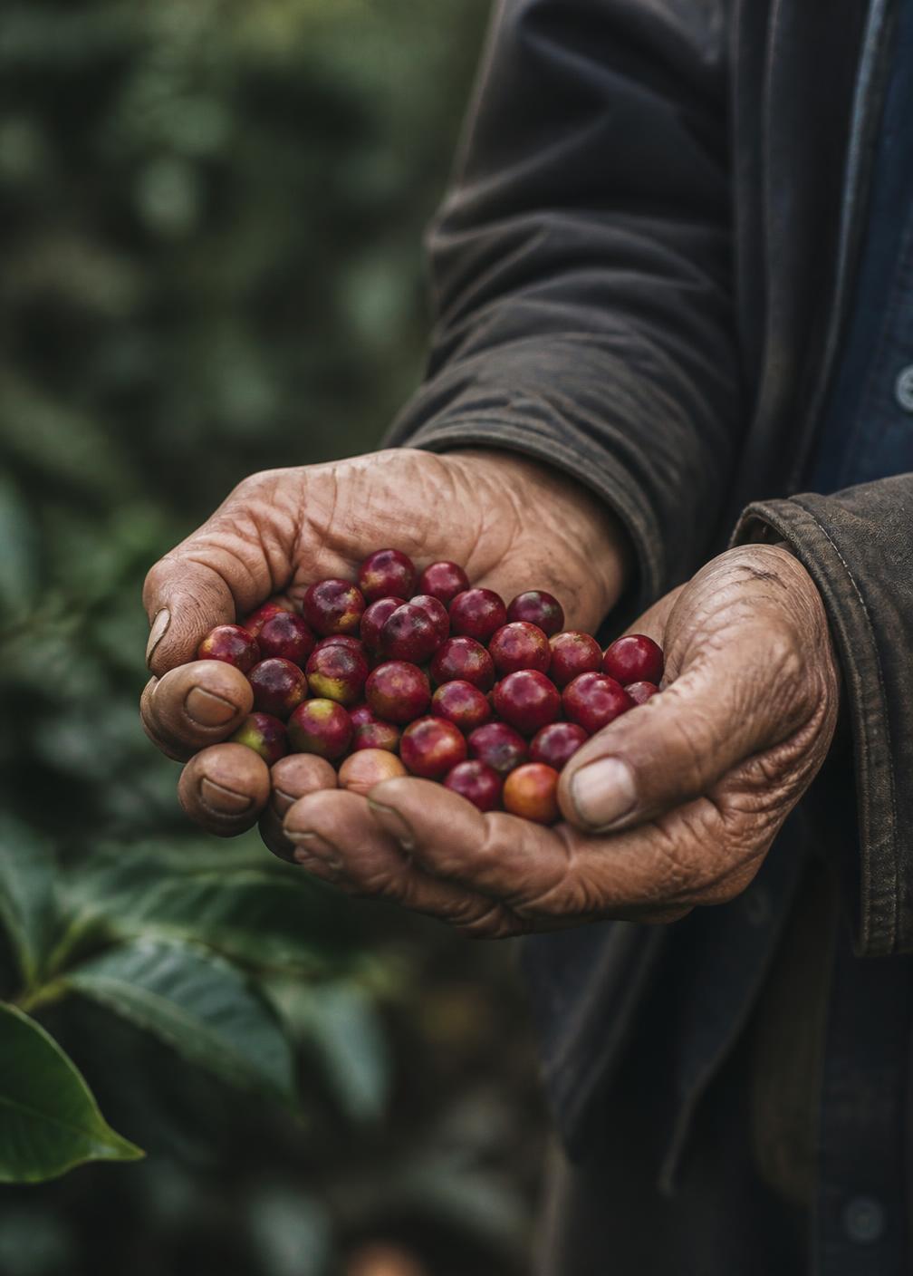 Hands holding freshly picked coffee cherries at an Indonesian farm