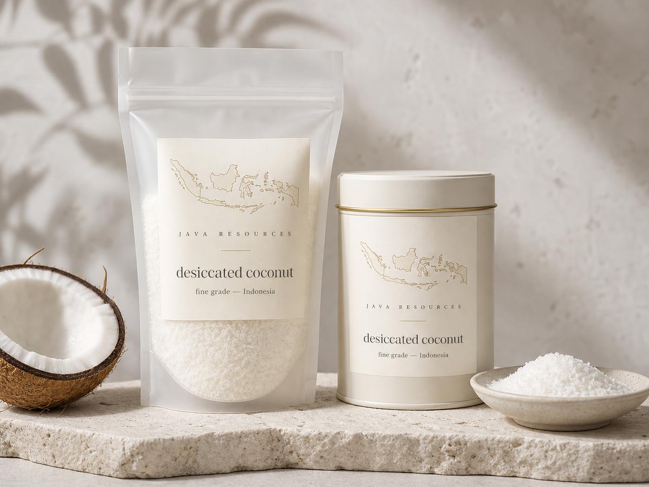 Java Resources packaging for Coconut derivatives shown with the product