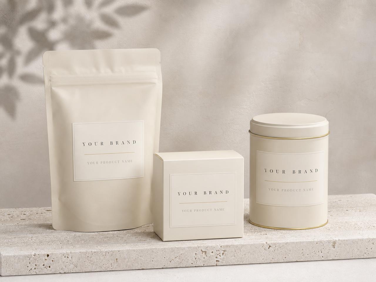Blank cream pouch, carton and tin with label panels reading Your Brand and Your Product Name